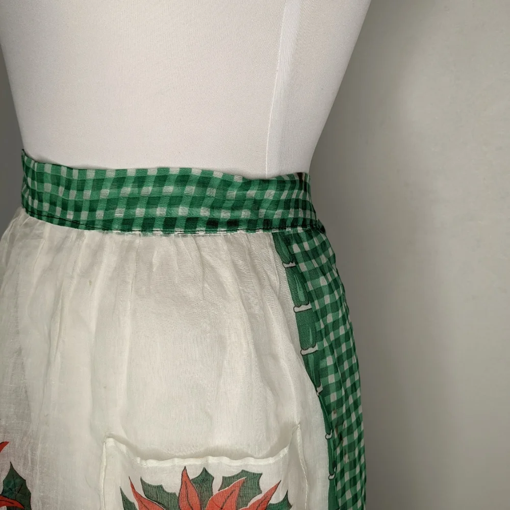 Green Christmas Red Poinsetta Vintage Half Apron Holiday